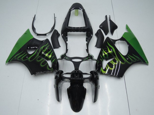Black with Green Flame 00-02 ZX6R Motorcycle Fairings